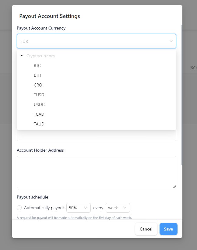 Crypto.com Pay payout frequency and other settings