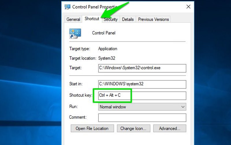 windows keyboard shortcuts for control panel