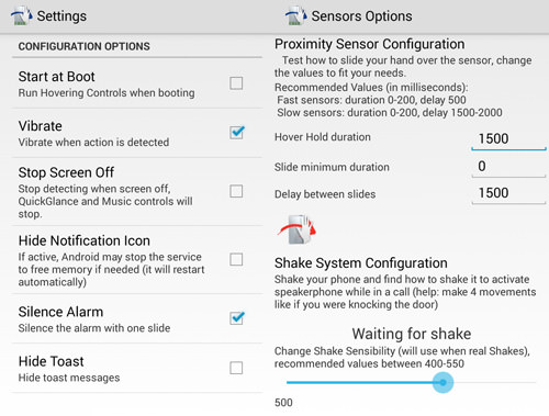 Settings And Sensors Options