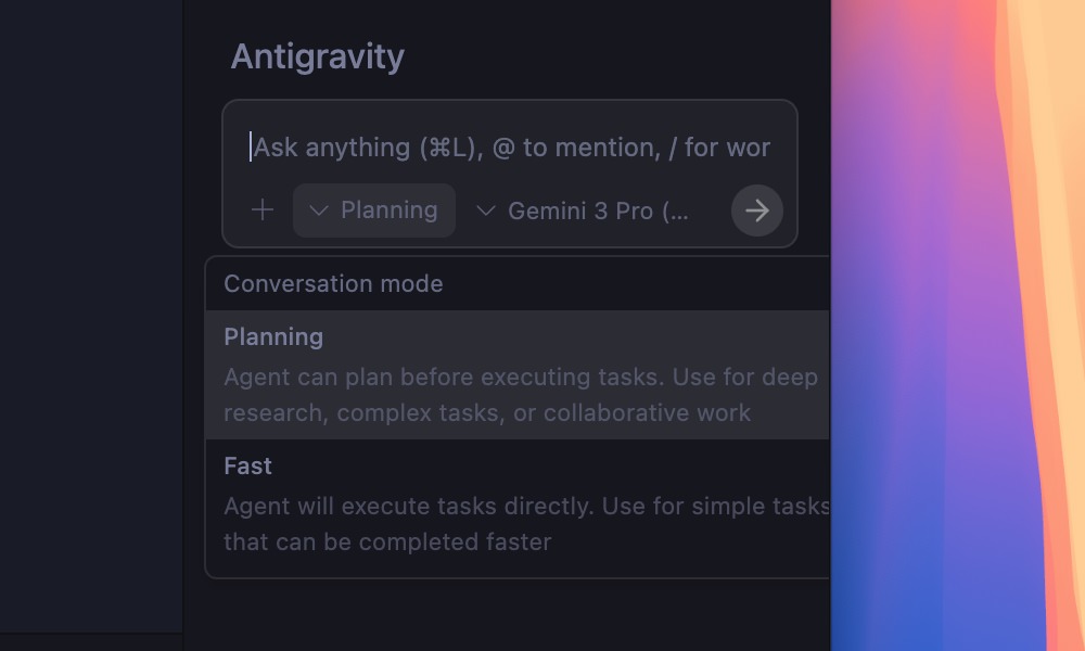 Google Antigravity prompt and conversation mode