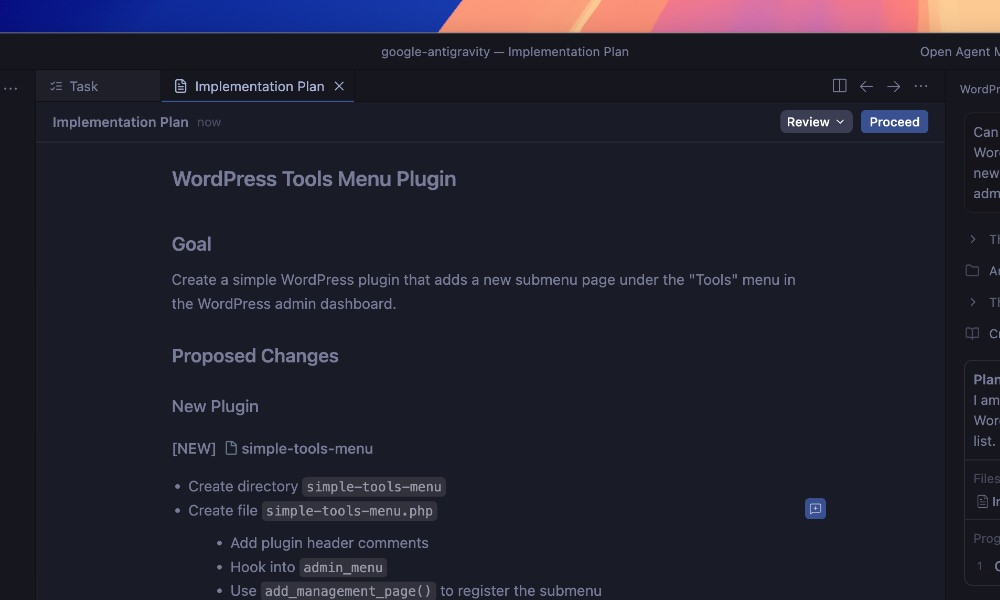 Google Antigravity implementation plan outline