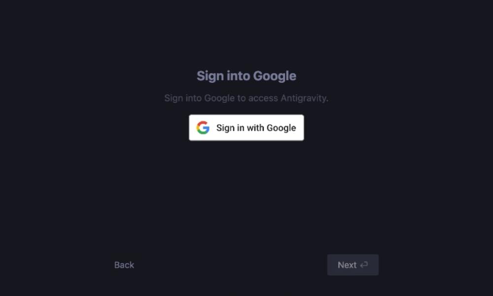 Google Antigravity Google account login screen