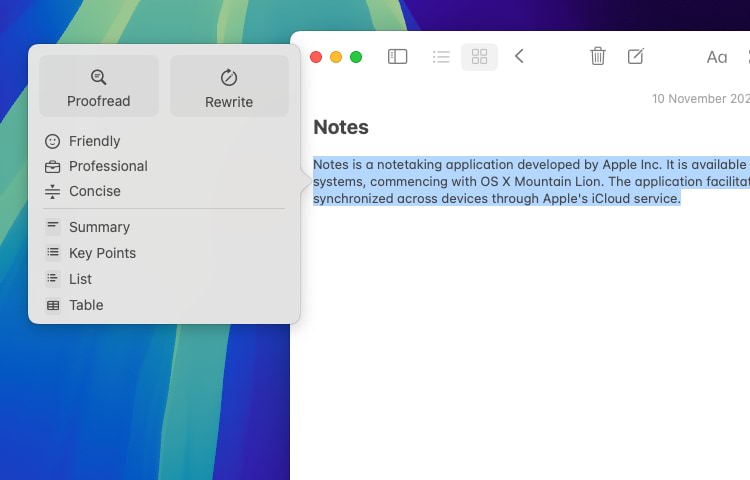 Apple Intelligence in the macOS Notes app