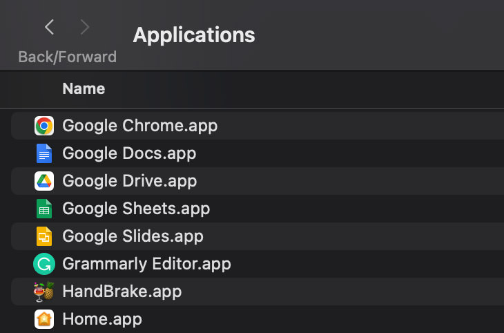 Application folder showing app names