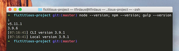 OS X Terminal Interface showing version number of Node, NPM, and Gulp