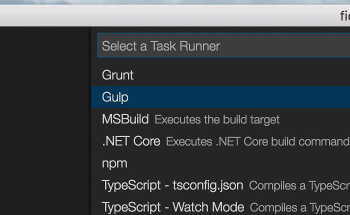 Gulp menu in Visual Studio Code configuration.