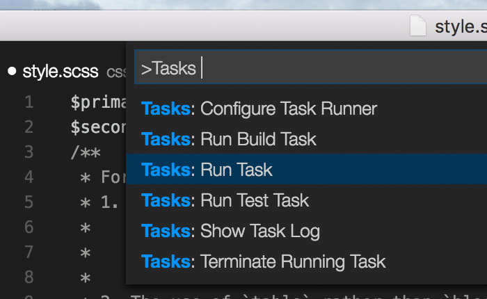 Lists of 'Tasks' in Visual Studio Code Command Palette.