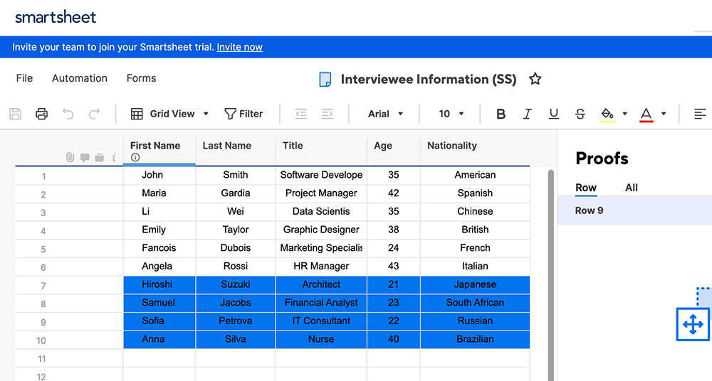 Smartsheet data reflected