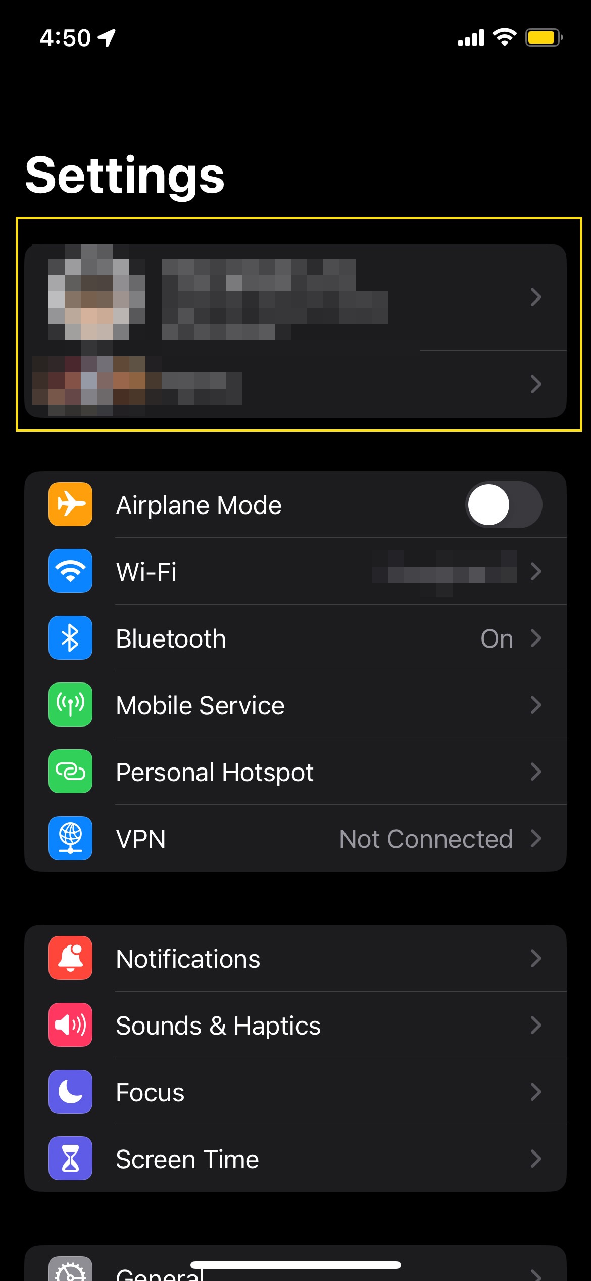 iPhone settings menu