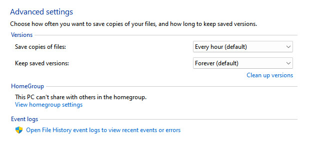 Advanced settings of File History