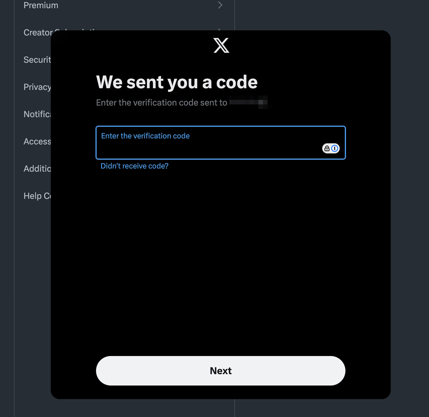 Verification code entry screen for X data download