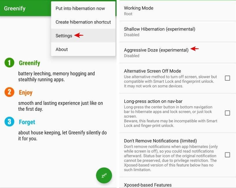 Configure Greenify's doze options in Android