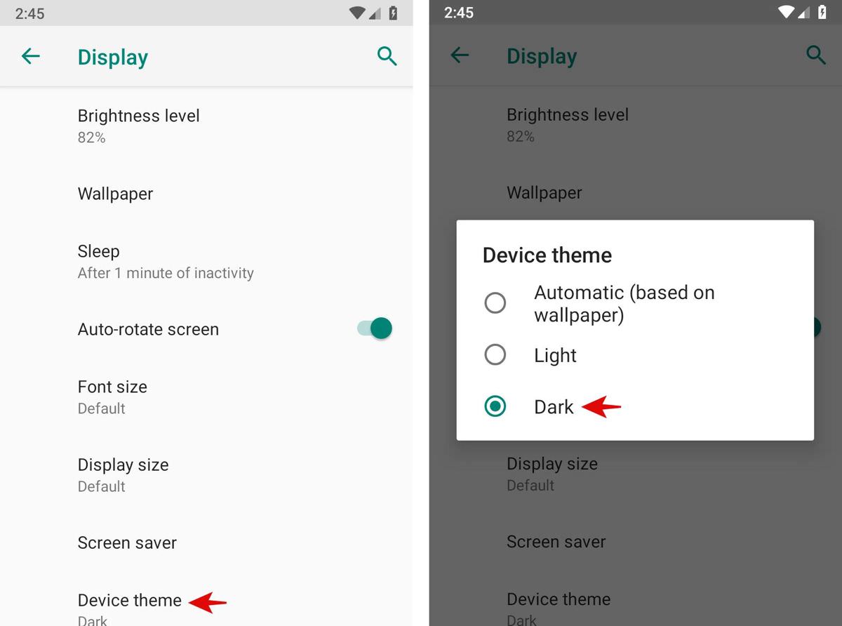 Enable the dark theme in Android Pie