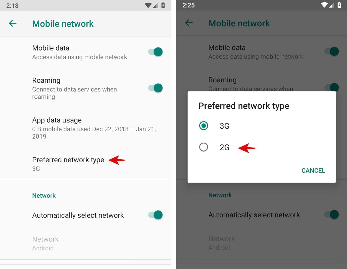 Select the network type in Android