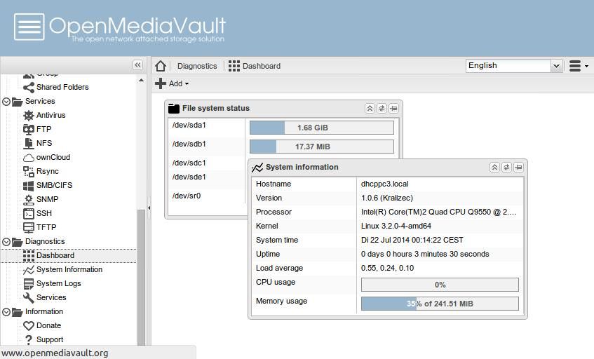 OpenMediaVault's dashboard showing system info