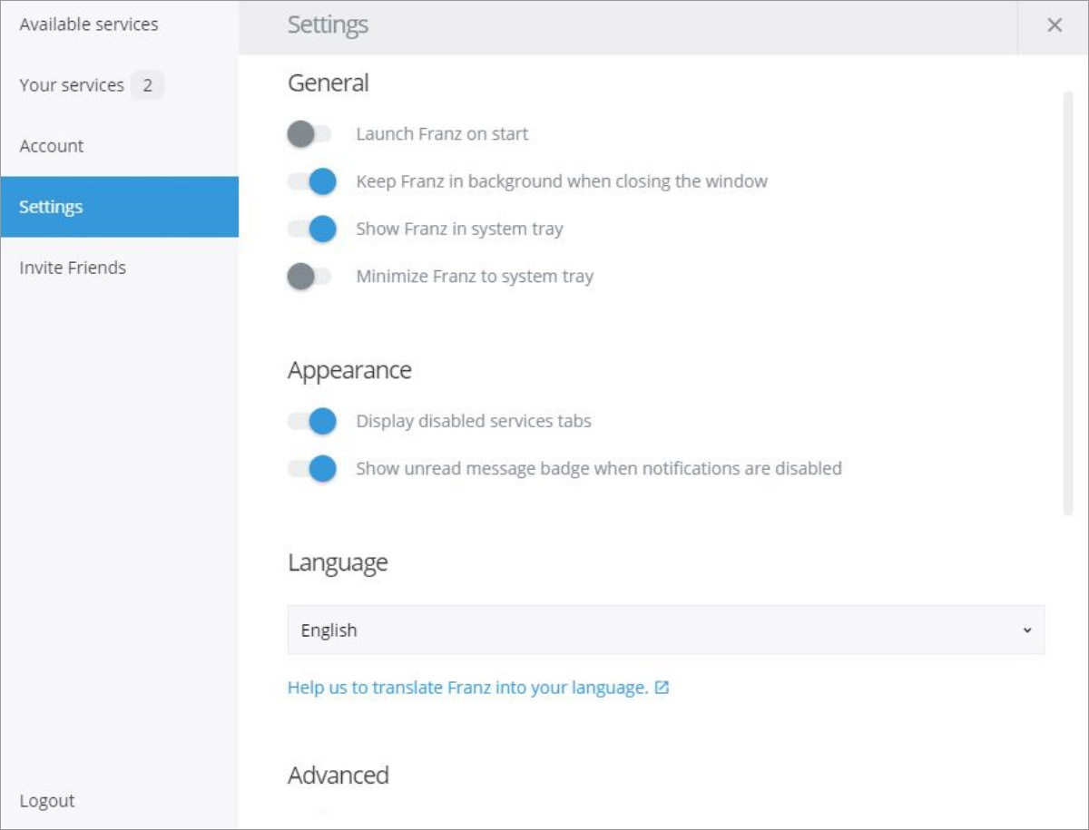 Configure settings in Franz