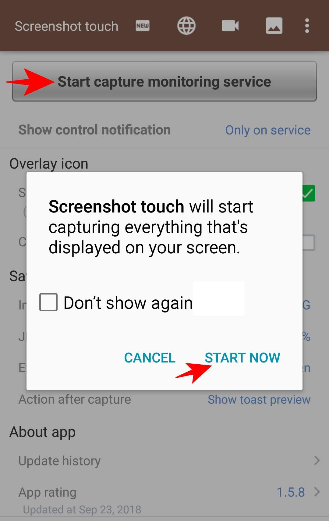 Start Screen touch's monitoring service