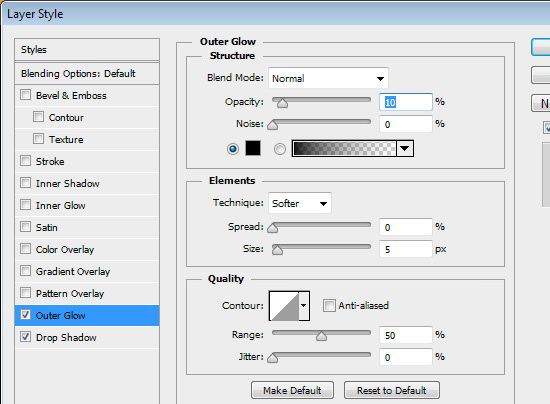 Applying Outer Glow layer style