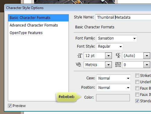 Creating Character Styles for metadata