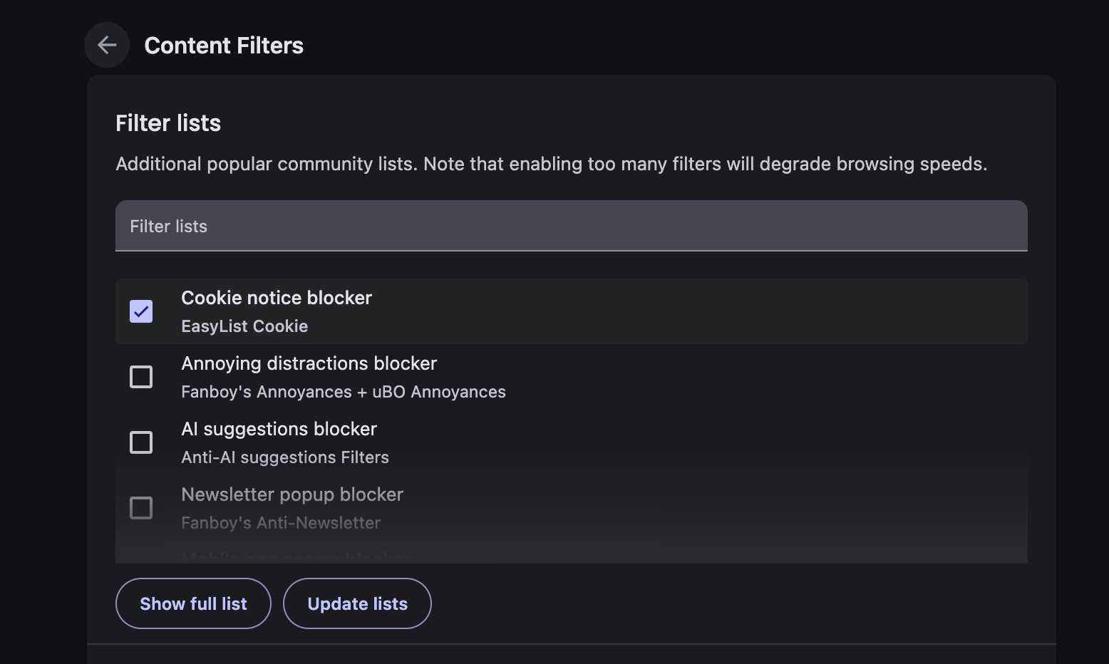 Brave content filters
