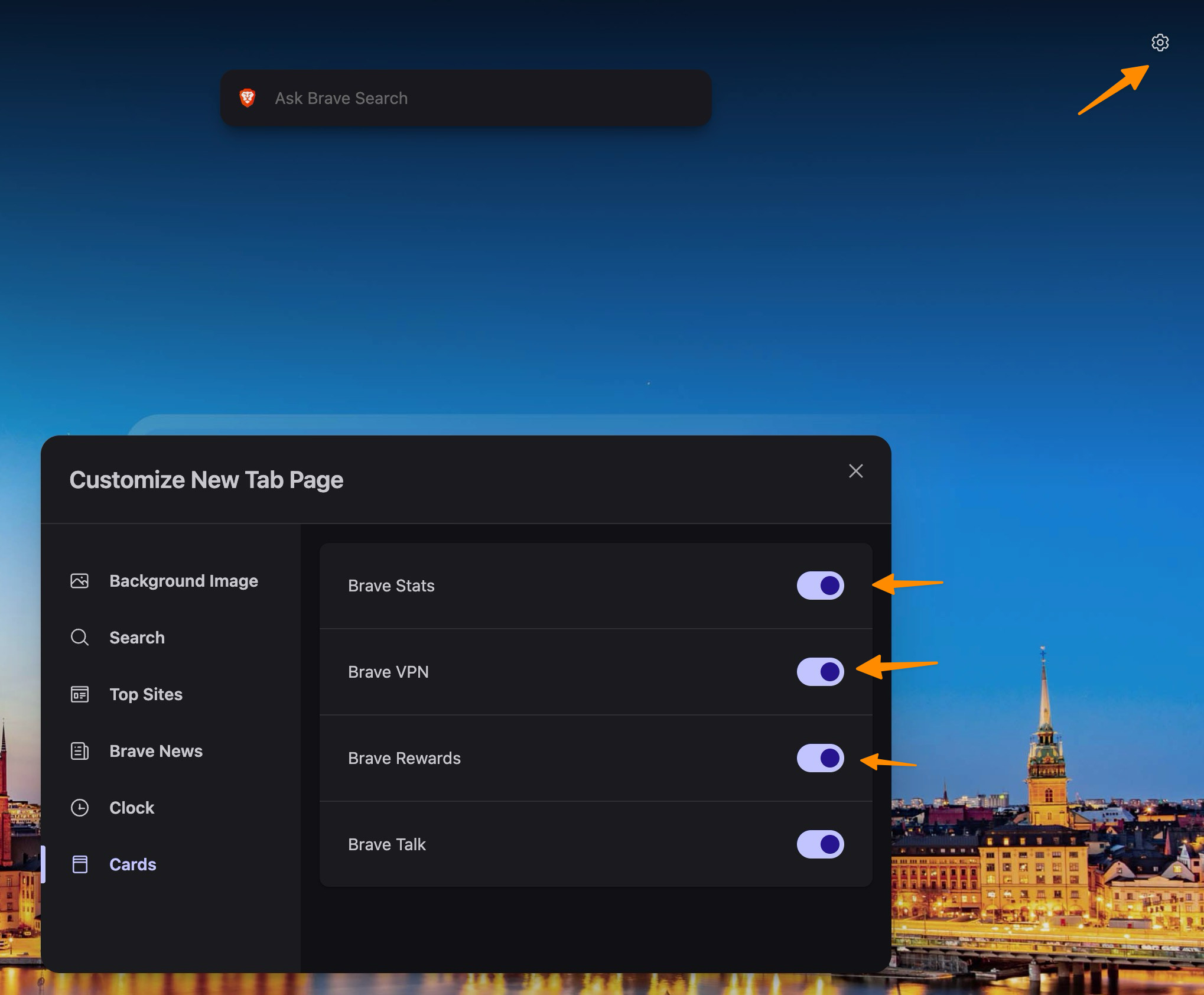 Brave new tab settings