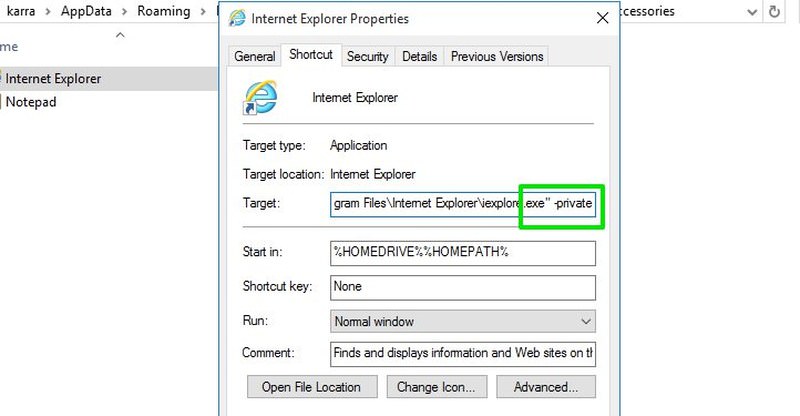 internet explorer properties