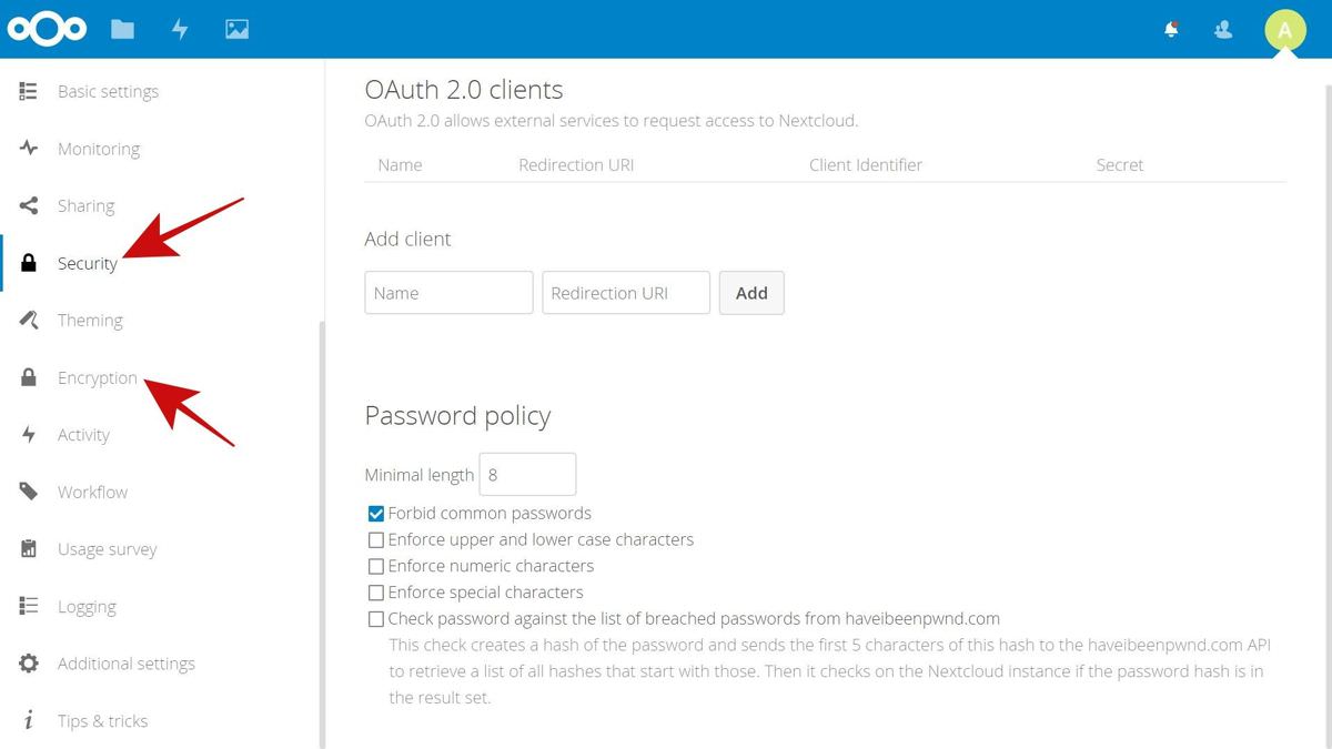 Security settings of Nextcloud