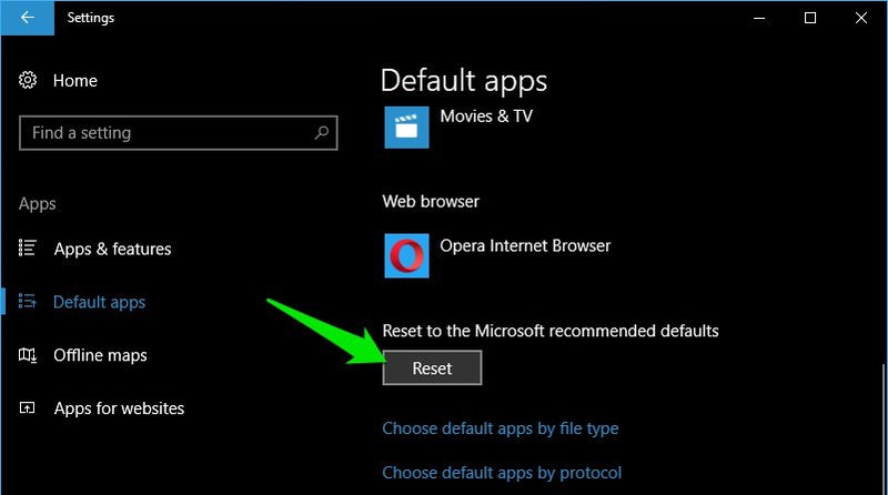 Resetting default apps in Windows 10