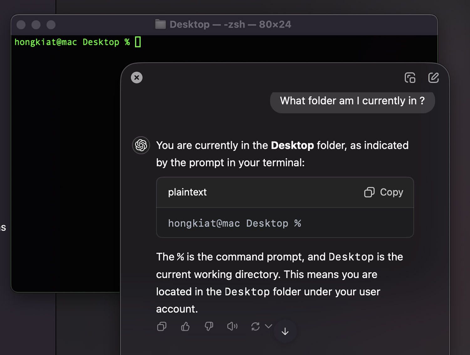 ChatGPT identifying current folder in Terminal