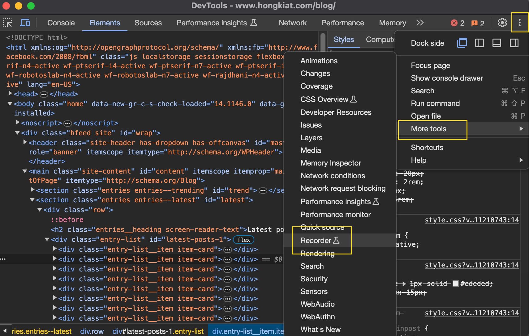 تعیین مکان تب Recorder در Chrome DevTools