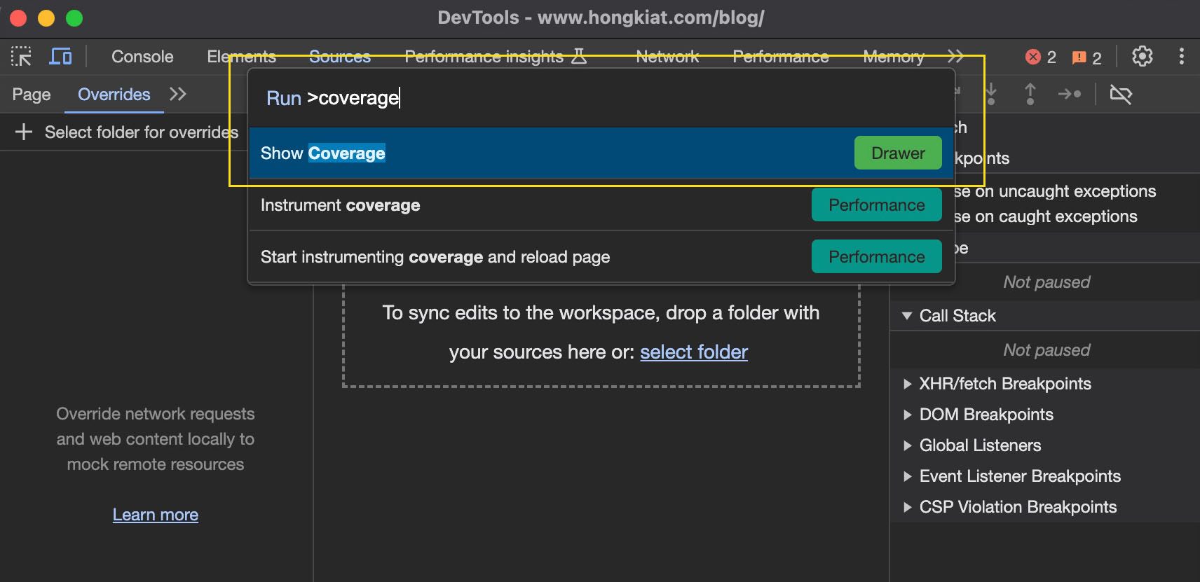 دسترسی به برگه Coverage در Chrome DevTools