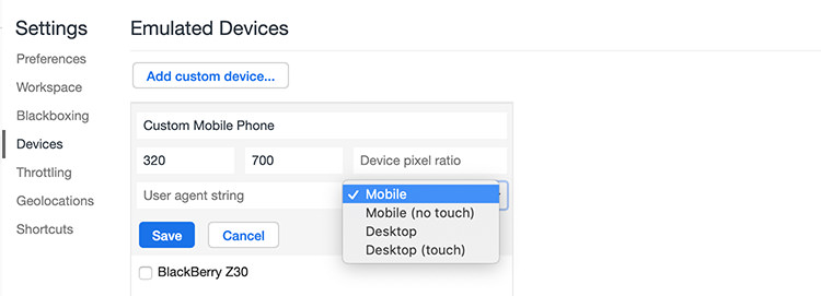 Inputs to add custom device and size