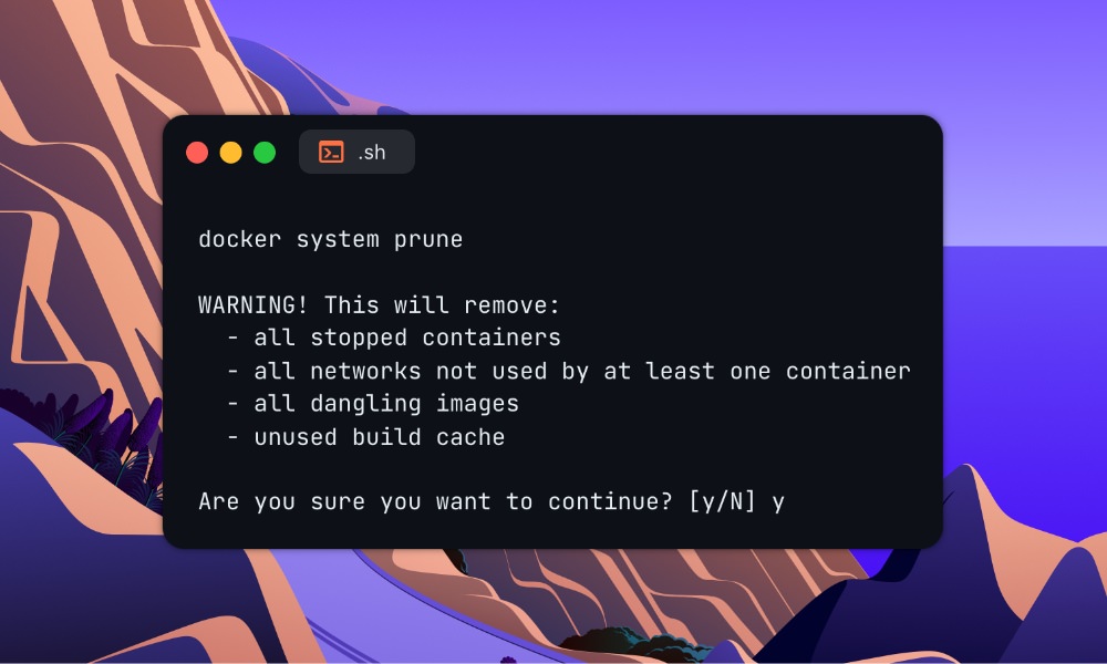 Docker system prune command terminal output
