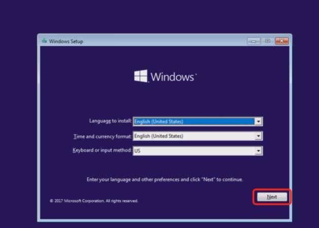 Choose preferred language and date in Windows Setup