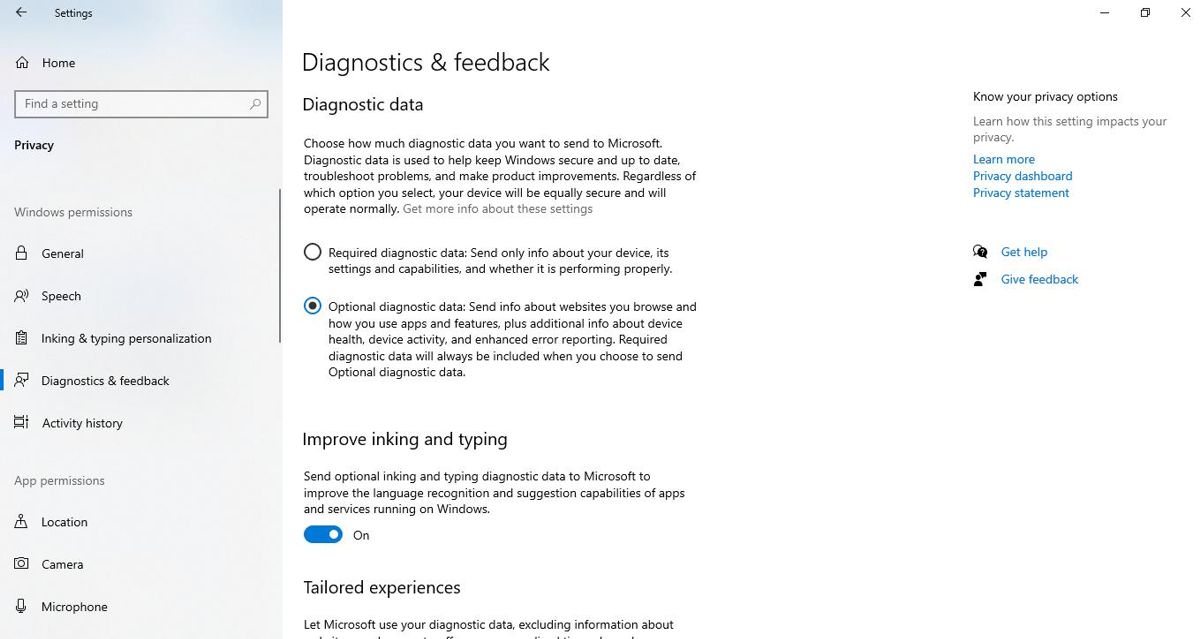 Select Optional Diagnostic Data in Settings