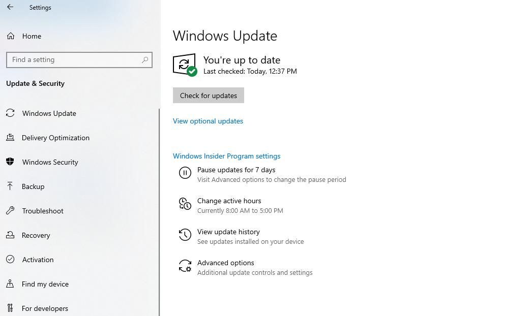 ضمن Windows Update ، انقر فوق التحقق من وجود تحديثات