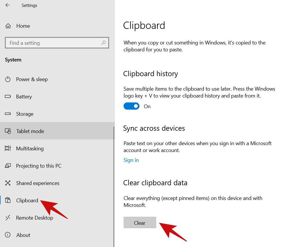 Delete Clipboard History in Windows 10