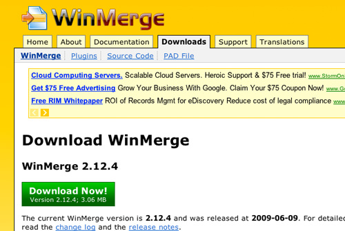 Screenshot of WinMerge homepage