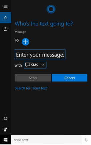 cortana send sms from pc