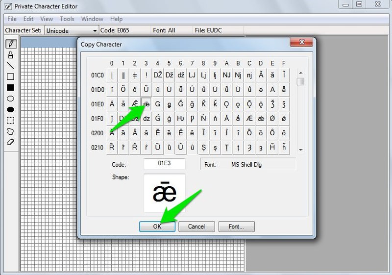 how modify a font private character editor