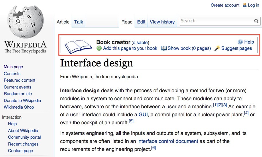 Book creator box on a Wikipedia page