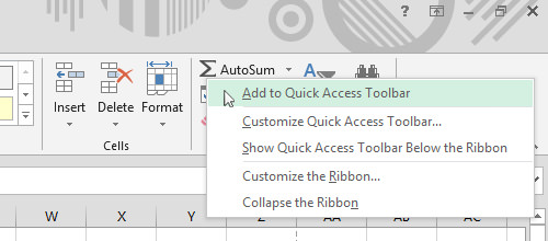 custom shortcut bar excel 2016