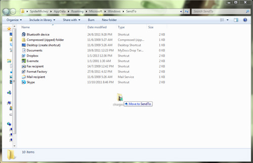 drag and drop new location in send to folder