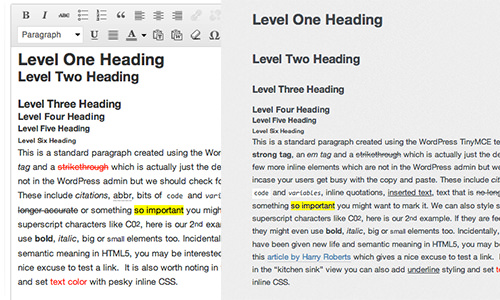 Comparison of customized editor styles and front end styles