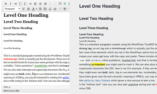 Comparison of font styles in WordPress editor and front end