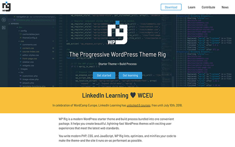 WPRig Homepage with code example and some description text.