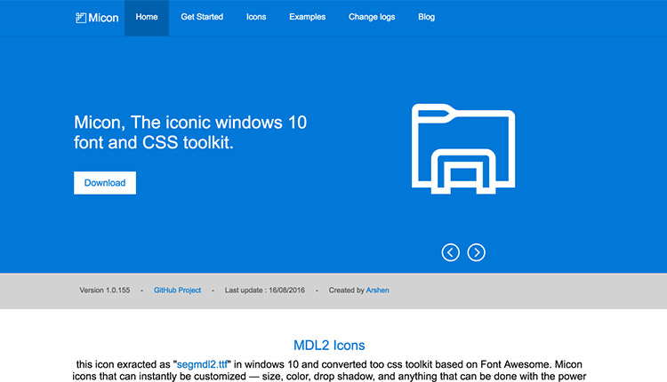 Micon homepage, blue color with and icon on the right.