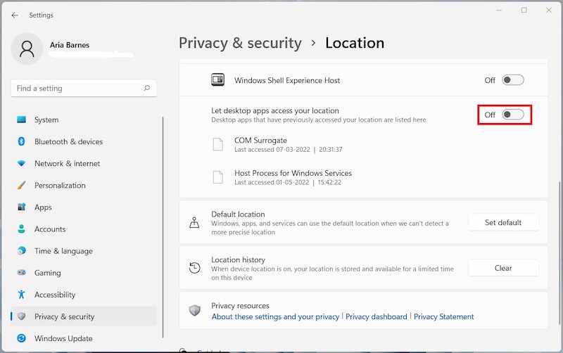 disable location tracking windows 11