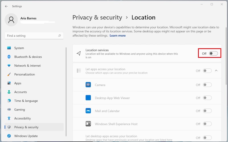 disable location tracking windows 11