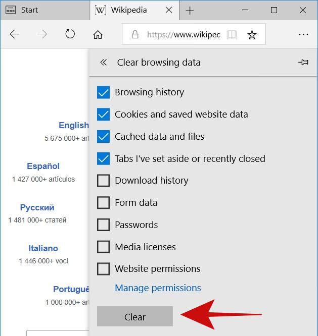 Clear history in Microsoft Edge